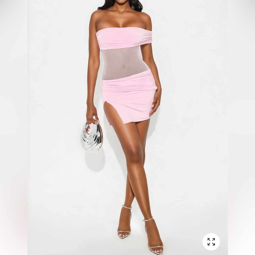 Pink Off-Shoulder Sheer Mini Dress - Picture 2 of 3